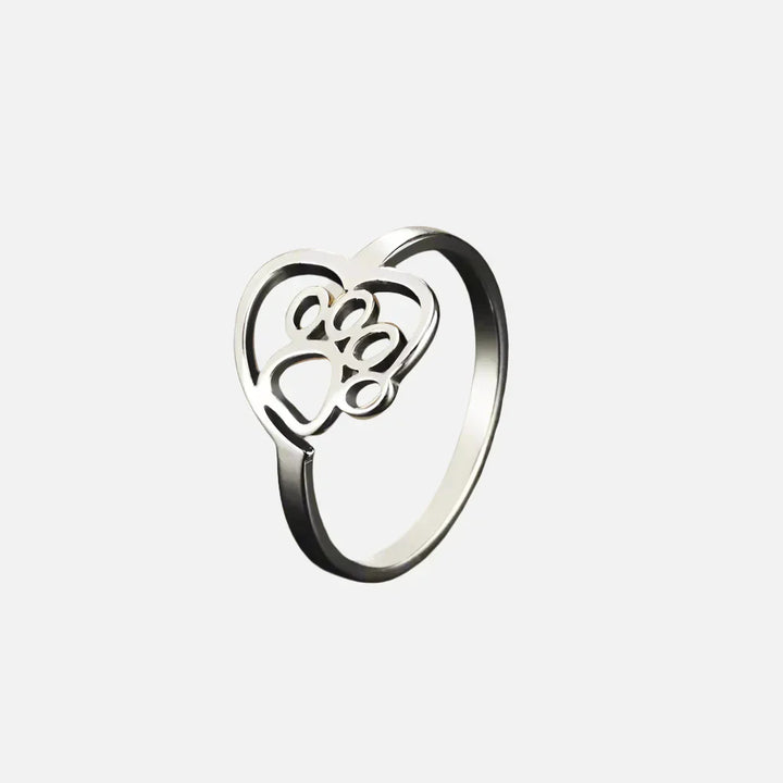 Bague en Acier Inoxydable en Forme de Patte et de Cœur – Bijoux pour Amoureux des Animaux