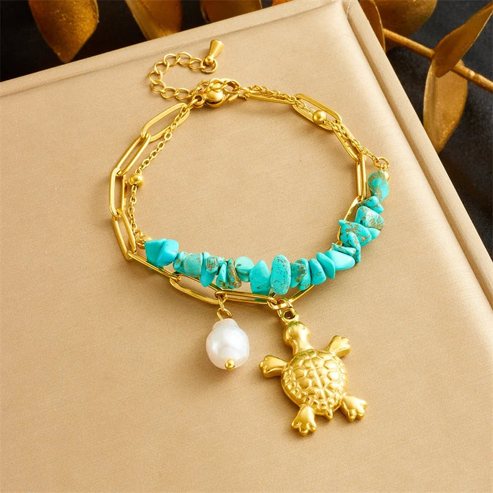 Bracelet Exclusif en Acier Inoxydable Turquoise Tortue