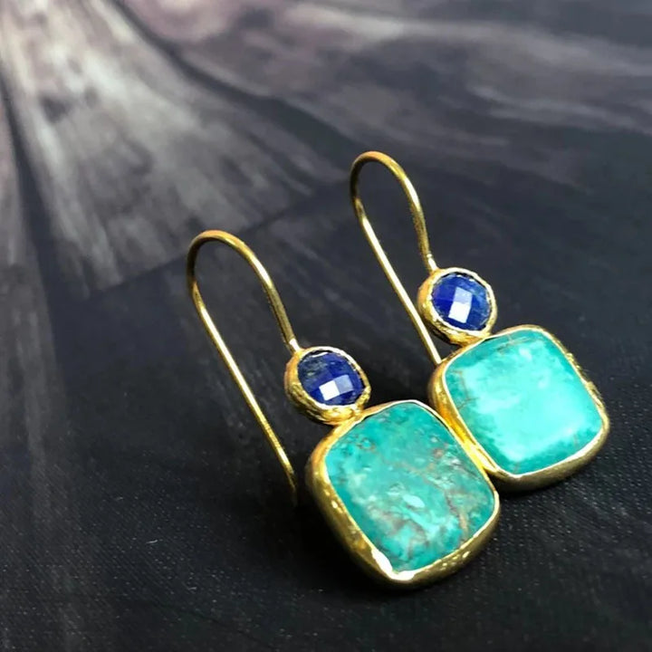 Boucles d'Oreilles Carrées Turquoise Incrustées à la Mode