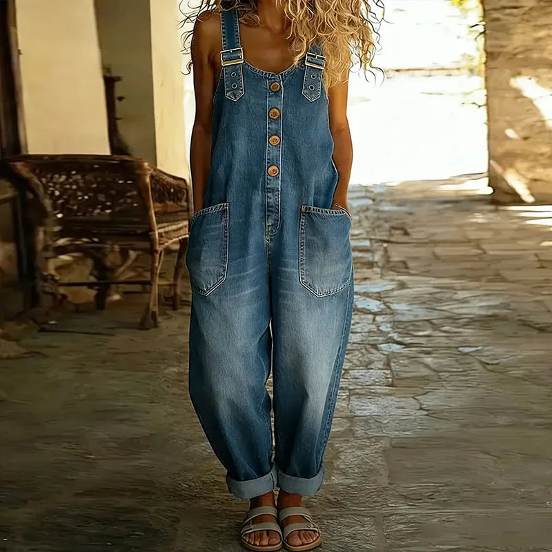Carmen - Combinaison en denim vintage en coton doux avec bretelles ajustables