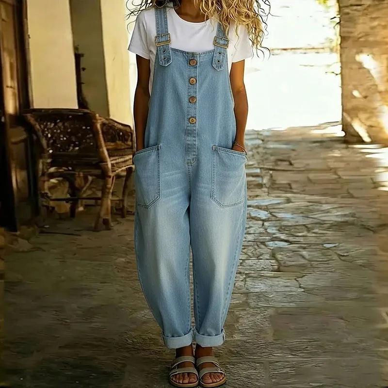 Carmen - Combinaison en denim vintage en coton doux avec bretelles ajustables