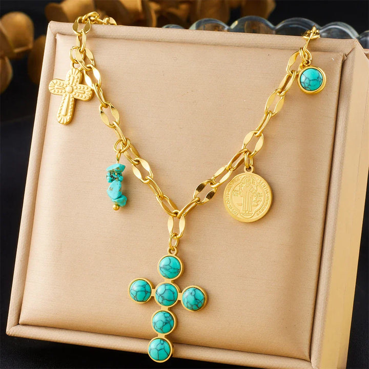 Collier Croisé Turquoise Exclusif en Acier Inoxydable