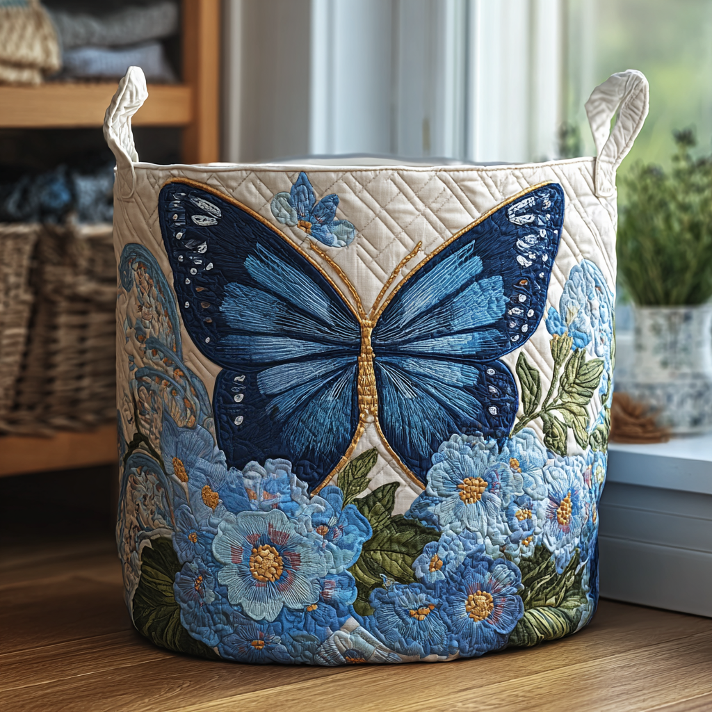 Panier rembourré avec des papillons en vol
