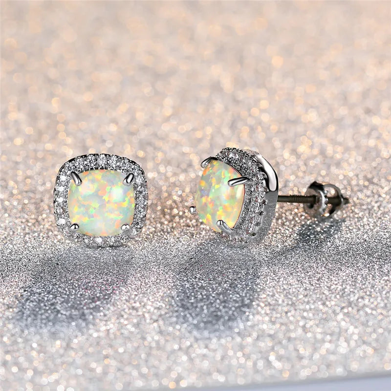 Boucles d'Oreilles en Argent Élégantes avec Opale de Feu Blanche Ronde
