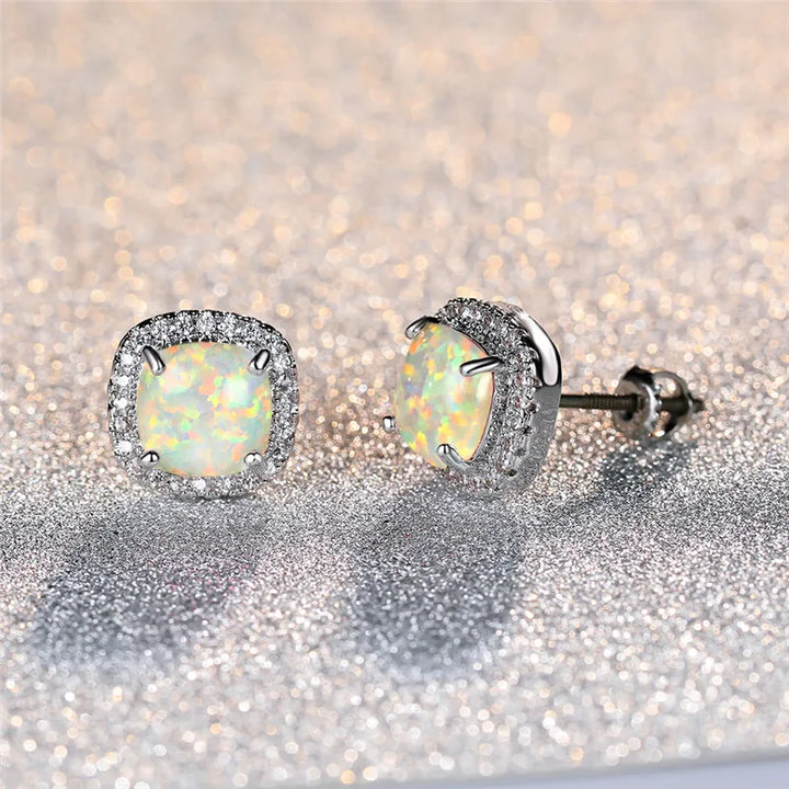 Boucles d'Oreilles en Argent Élégantes avec Opale de Feu Blanche Ronde