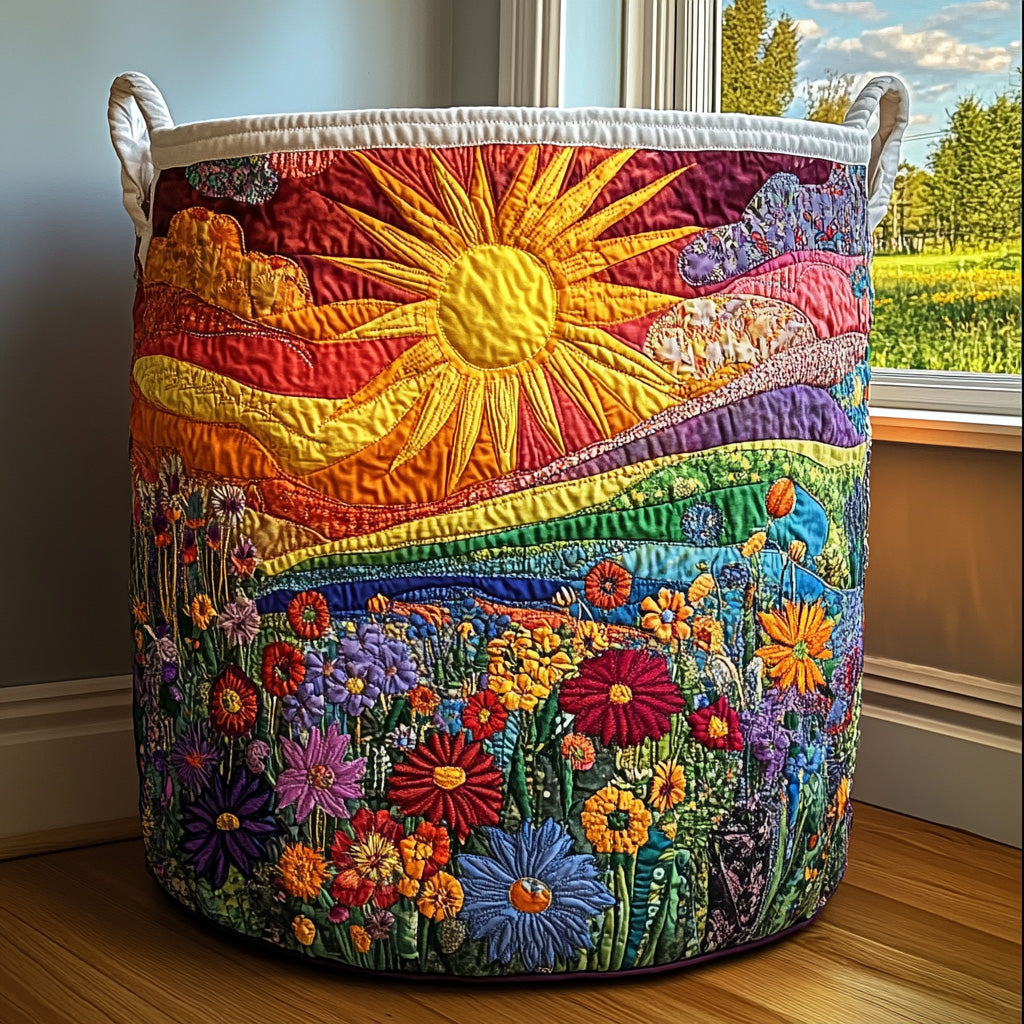 Panier rembourré avec soleil sur collines et fleurs