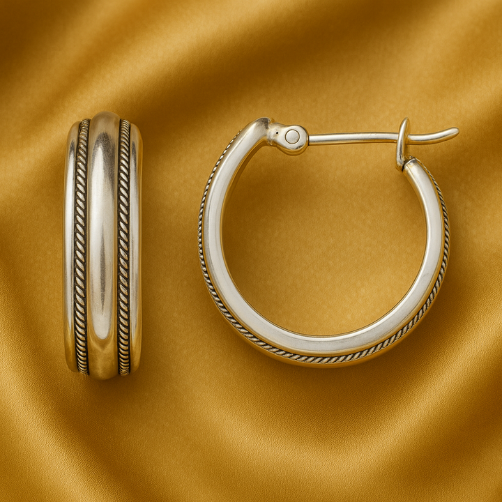 Boucles d'Oreilles Argent Vintage à Rayures Dorées