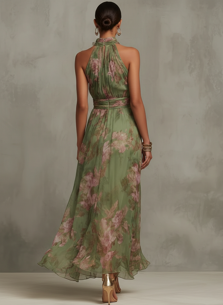 Serena ∙ Robe longue verte à fleurs en chiffon avec décolleté américain