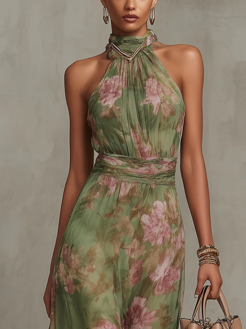 Serena ∙ Robe longue verte à fleurs en chiffon avec décolleté américain
