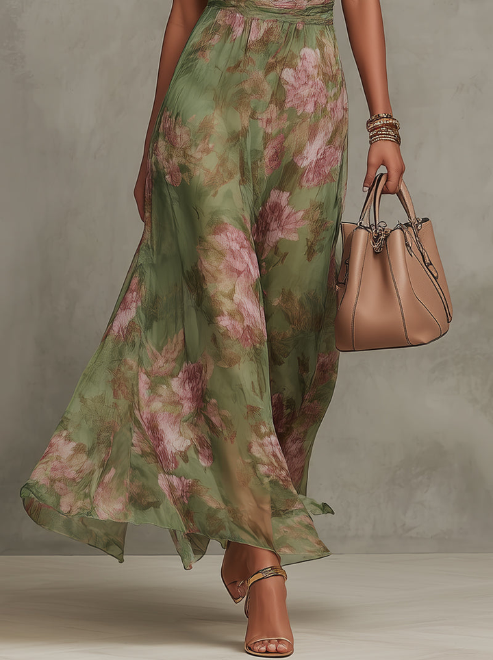 Serena - Robe longue verte à fleurs en chiffon avec décolleté halter