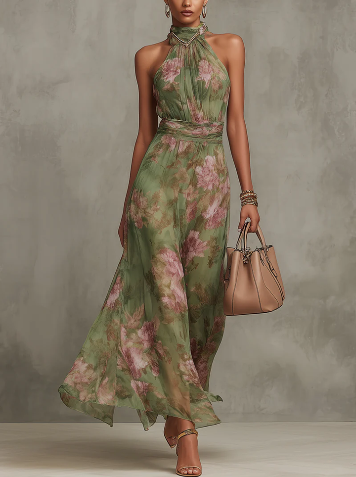 Serena ∙ Robe longue verte à fleurs en chiffon avec décolleté américain
