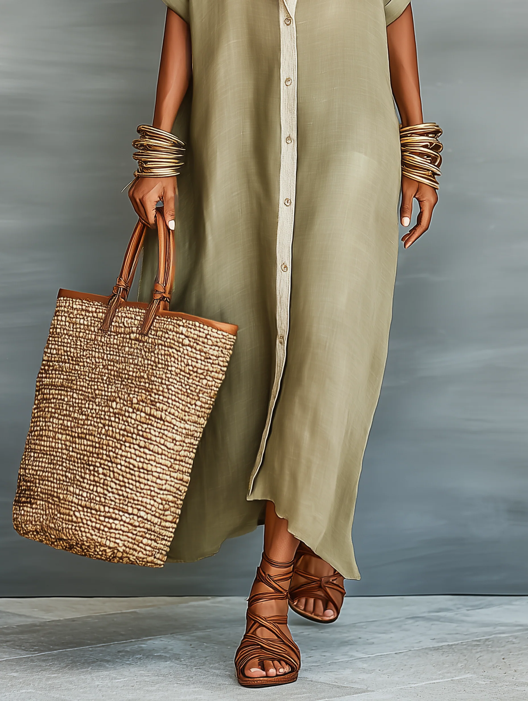 Manelle™ | Robe maxi vert olive avec ligne minimaliste