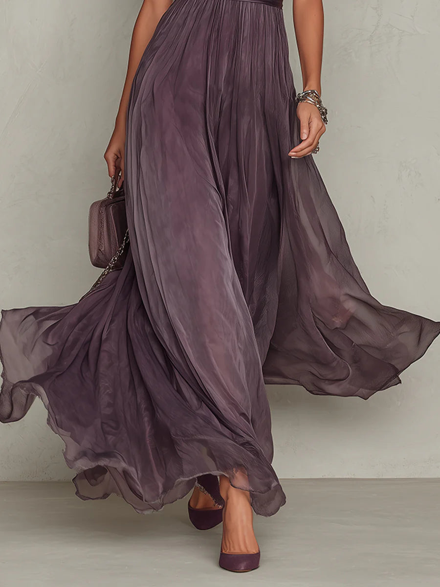 Flavia - Robe longue violette avec décolleté en goutte et bord en dentelle de chiffon