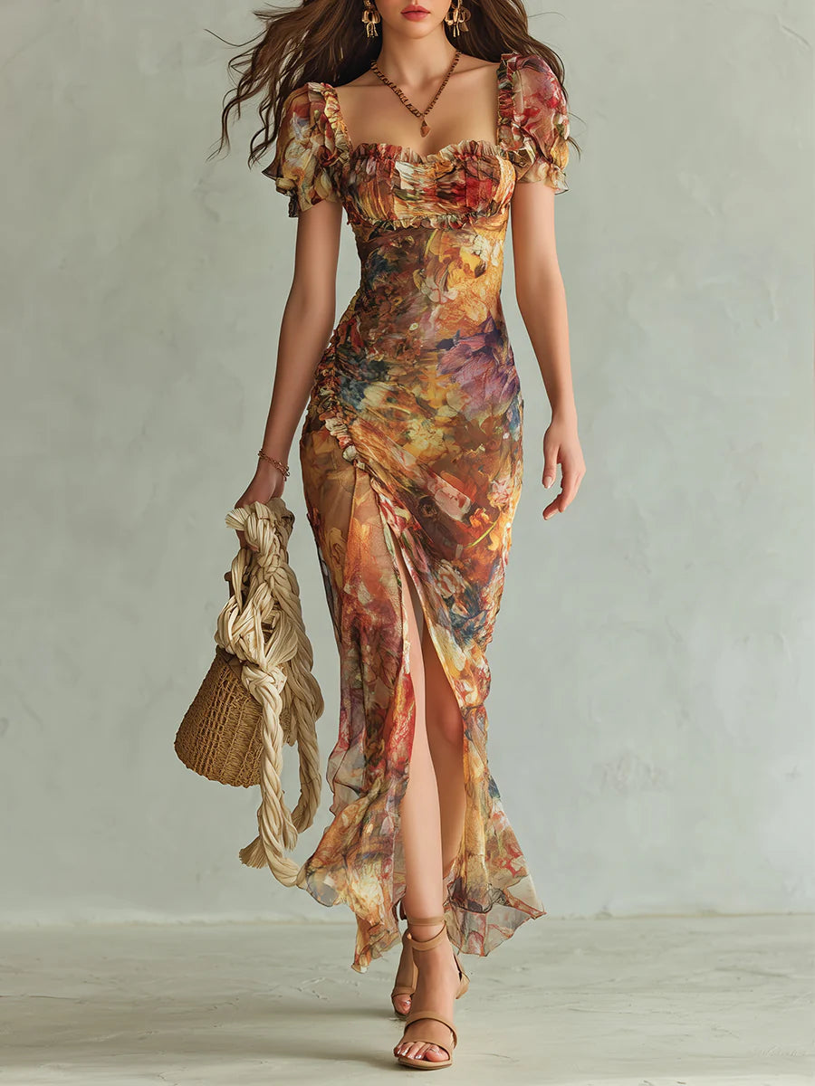Viola - Robe longue en chiffon orange avec impression à l'huile de style bohémien