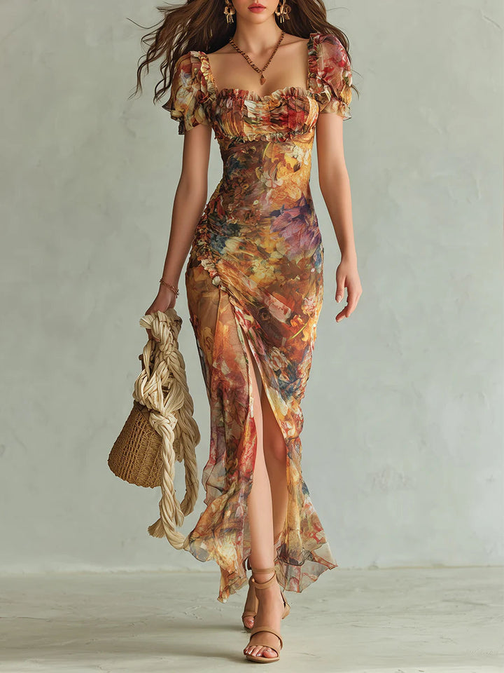 Viola - Robe longue en chiffon orange avec impression à l'huile de style bohémien