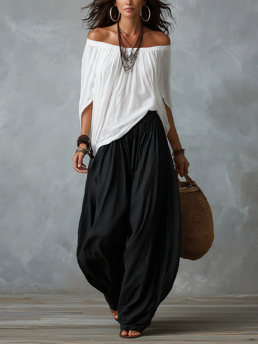 Mara • Ensemble de blouse blanche à épaules nues et pantalon palazzo noir