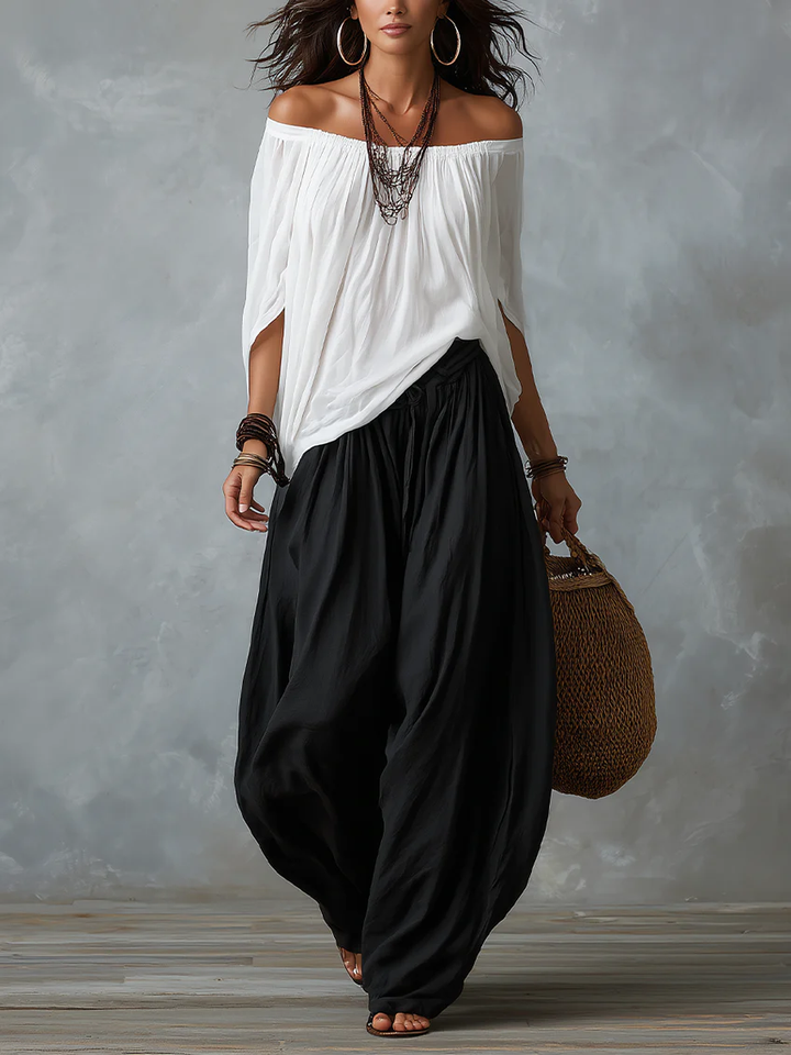 Mara • Ensemble de blouse blanche à épaules nues et pantalon palazzo noir