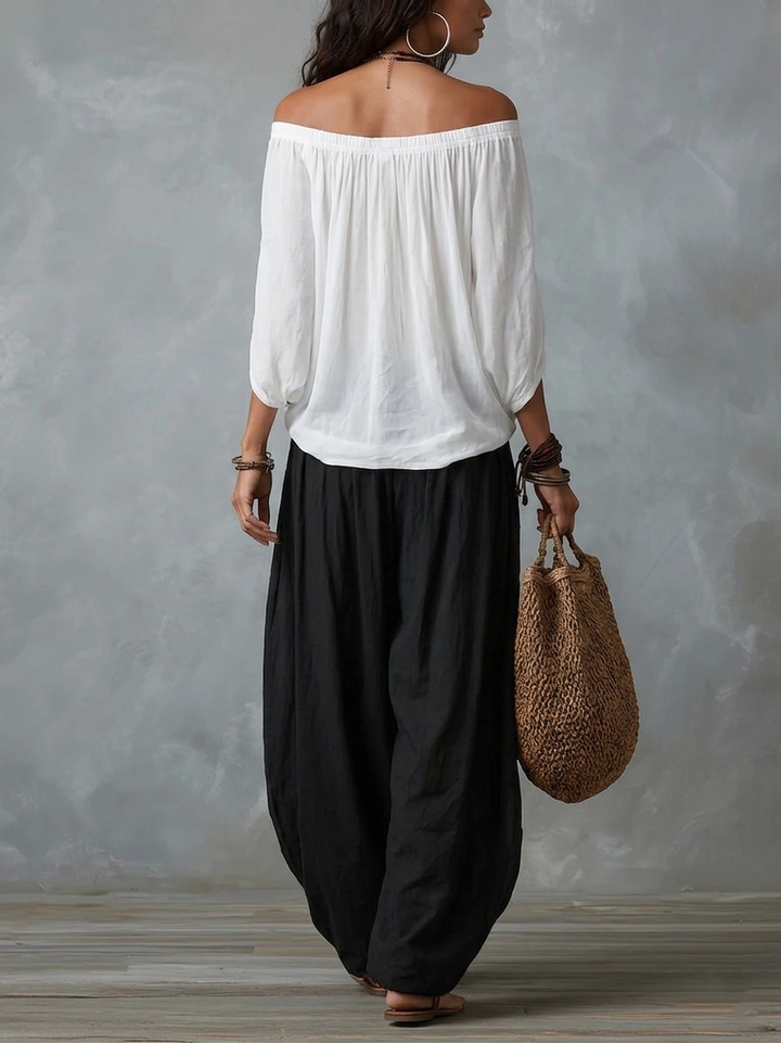 Mara • Ensemble de blouse blanche à épaules nues et pantalon palazzo noir