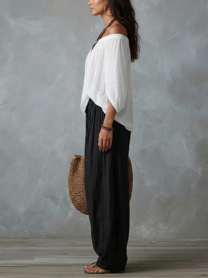 Mara • Ensemble de blouse blanche à épaules nues et pantalon palazzo noir