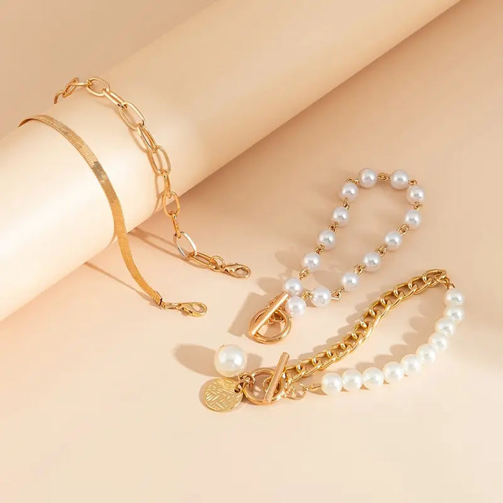 Élégant ensemble de bracelet en or 4 pièces – Serpent, perles et maillons