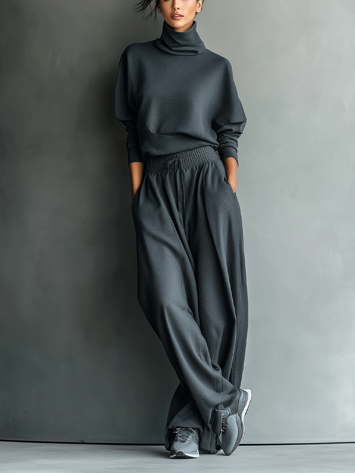 Ensemble Top Oversized à Col Roulé en Charbon et Pantalon Large pour Femmes MDA2435L7T