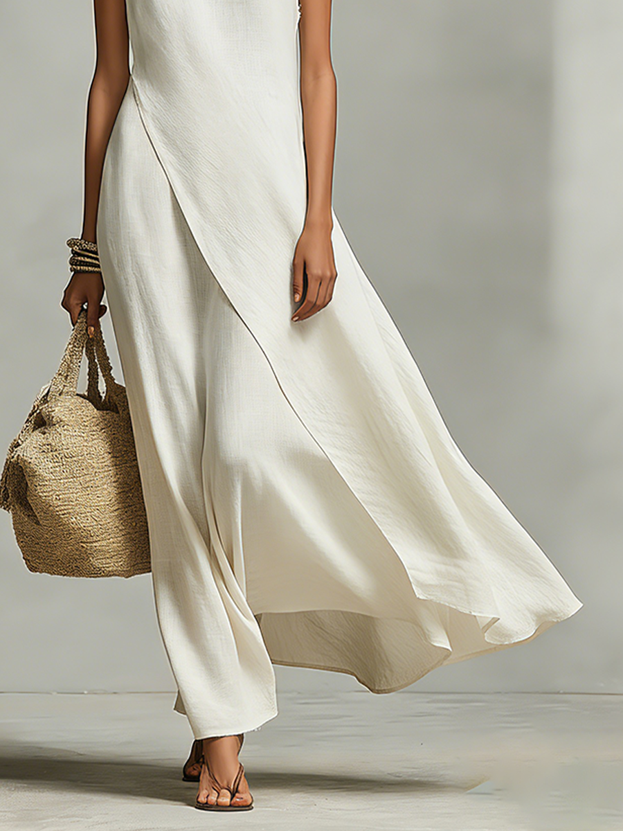 Robe en Lin Respirant Ivoire pour Femmes avec Détail Sans Manches & Ourlet Asymétrique, Style Décontracté et Féminin Contemporain MDZ0408C2I
