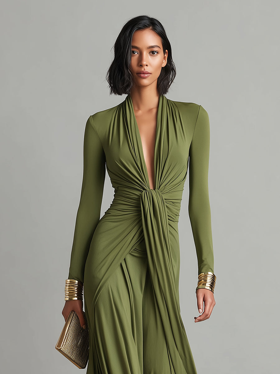 Robe Maxi en Soie Olive à Décolleté en V