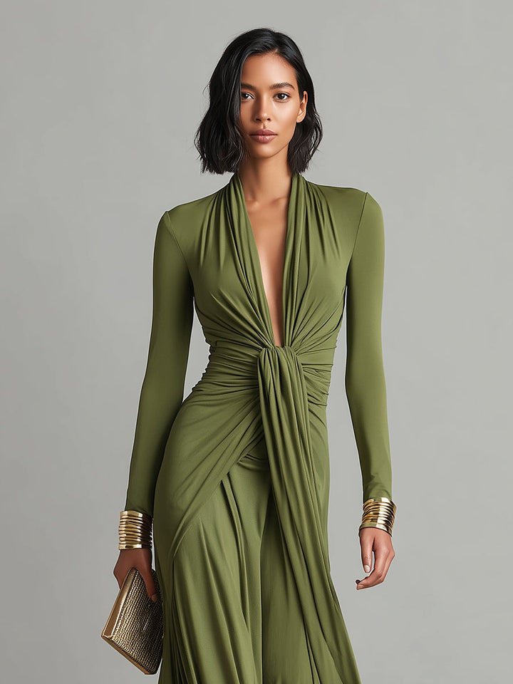 Robe Maxi en Soie Olive à Décolleté en V