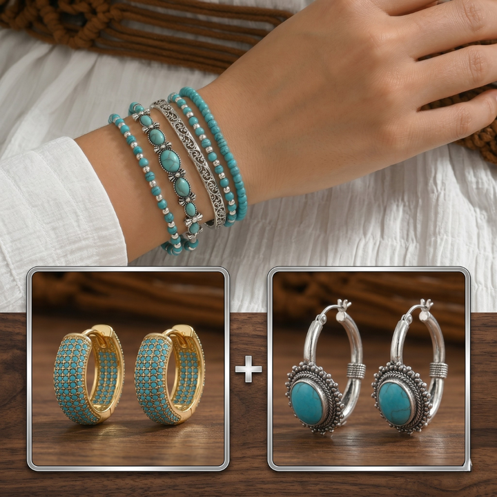 Lucia - Ensemble bracelet et boucles d'oreilles en perles turquoise style bohème