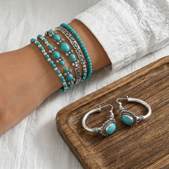 Lucia - Ensemble bracelet et boucles d'oreilles en perles turquoise style bohème