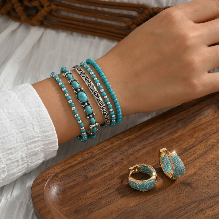 Lucia - Ensemble bracelet et boucles d'oreilles en perles turquoise style bohème
