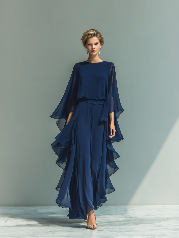 Ensemble en Chiffon Bleu Marine avec Volants