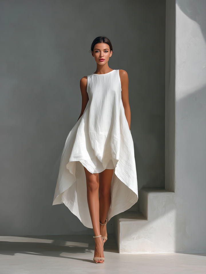 Robe Midi Sans Manches en Lin Blanc pour Femmes avec Col Ronde & Ourlet Asymétrique MDZ0987B9T