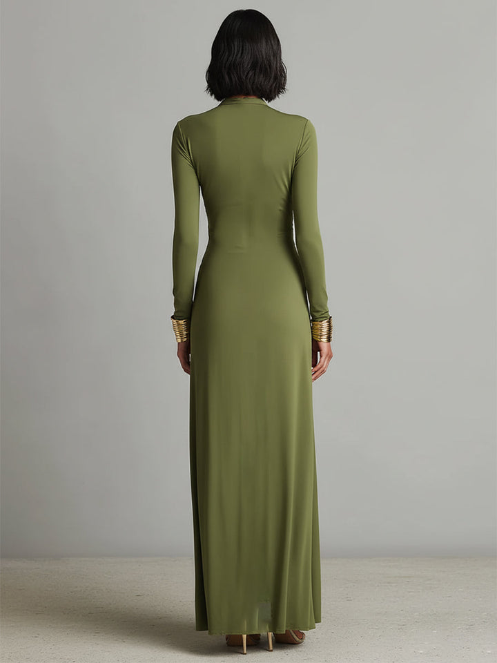 Robe Maxi en Soie Olive à Décolleté en V
