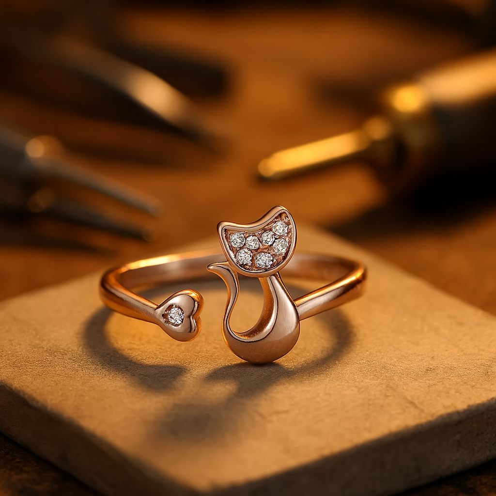 Bague ouverte mignonne avec motif de chat – Zircones