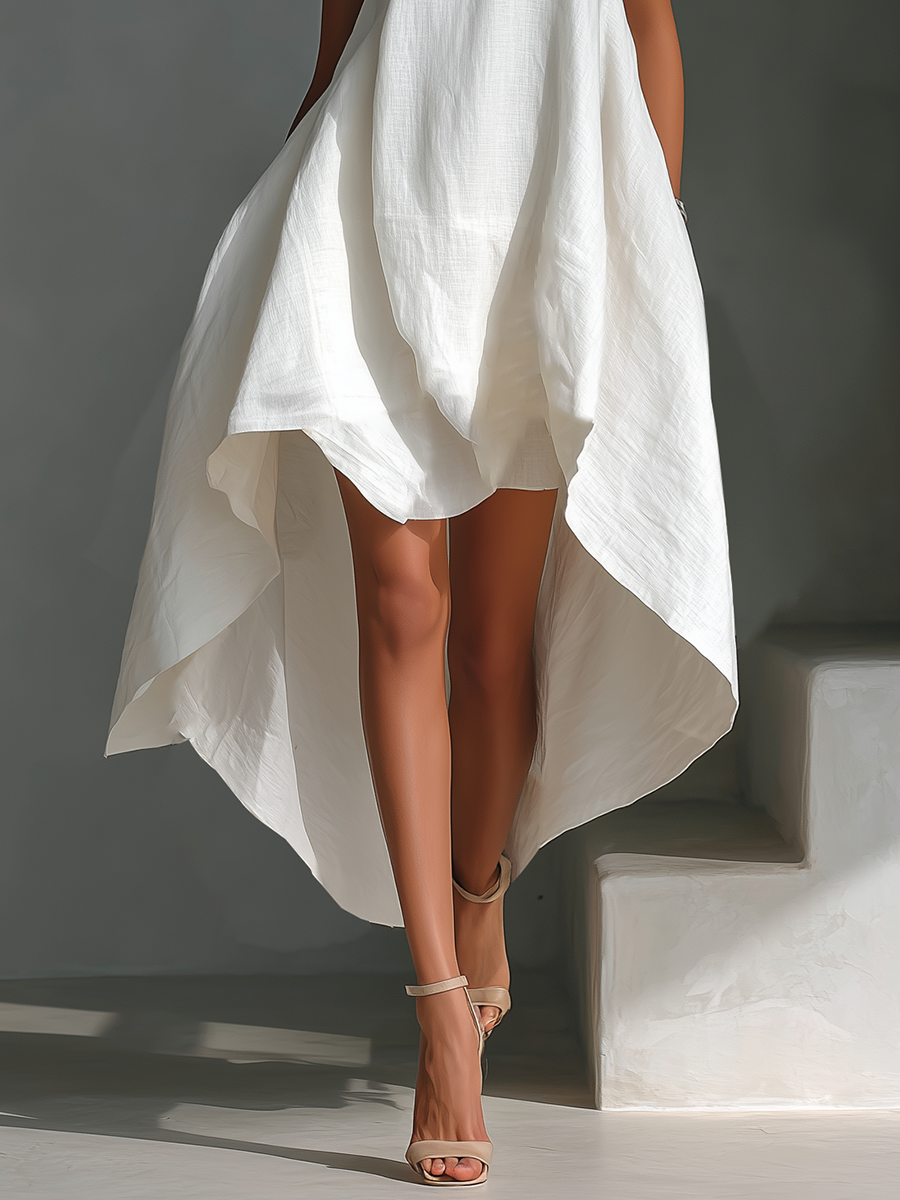 Robe Midi Sans Manches en Lin Blanc pour Femmes avec Col Ronde & Ourlet Asymétrique MDZ0987B9T