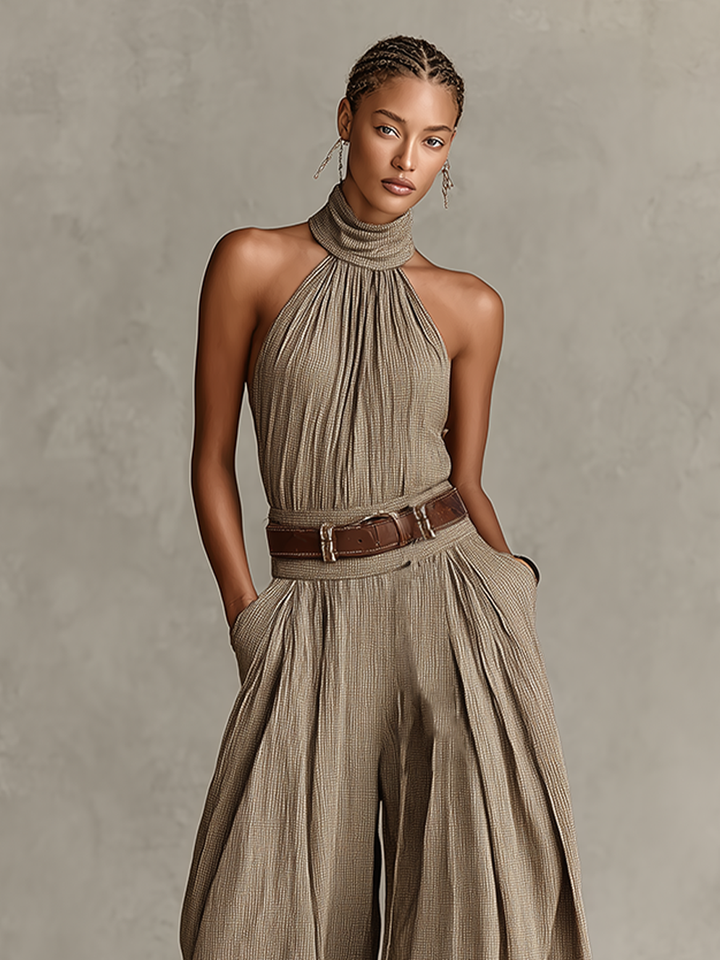 Combinaison Femme Taupe Mélange Coton Avec Col Halter & Pantalons Larges, Style Boho-Élégant Intemporel (Sans Ceinture) MDZ0940C3I