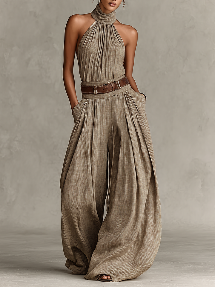 Combinaison Femme Taupe Mélange Coton Avec Col Halter & Pantalons Larges, Style Boho-Élégant Intemporel (Sans Ceinture) MDZ0940C3I
