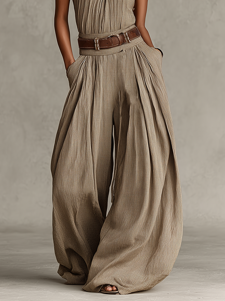 Combinaison Femme Taupe Mélange Coton Avec Col Halter & Pantalons Larges, Style Boho-Élégant Intemporel (Sans Ceinture) MDZ0940C3I