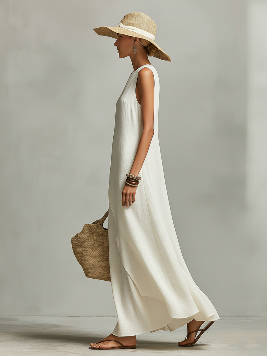 Robe en Lin Respirant Ivoire pour Femmes avec Détail Sans Manches & Ourlet Asymétrique, Style Décontracté et Féminin Contemporain MDZ0408C2I