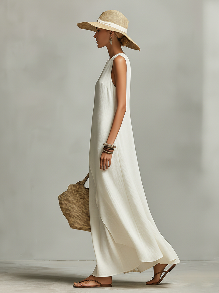 Robe en Lin Respirant Ivoire pour Femmes avec Détail Sans Manches & Ourlet Asymétrique, Style Décontracté et Féminin Contemporain MDZ0408C2I