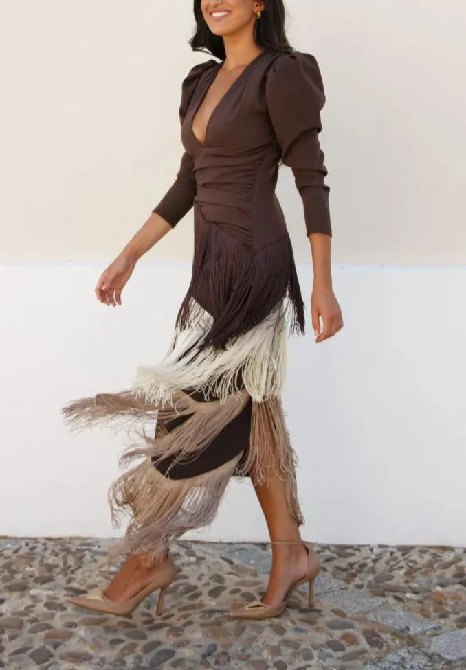 Clara™ | Robe midi élégante avec manches à franges