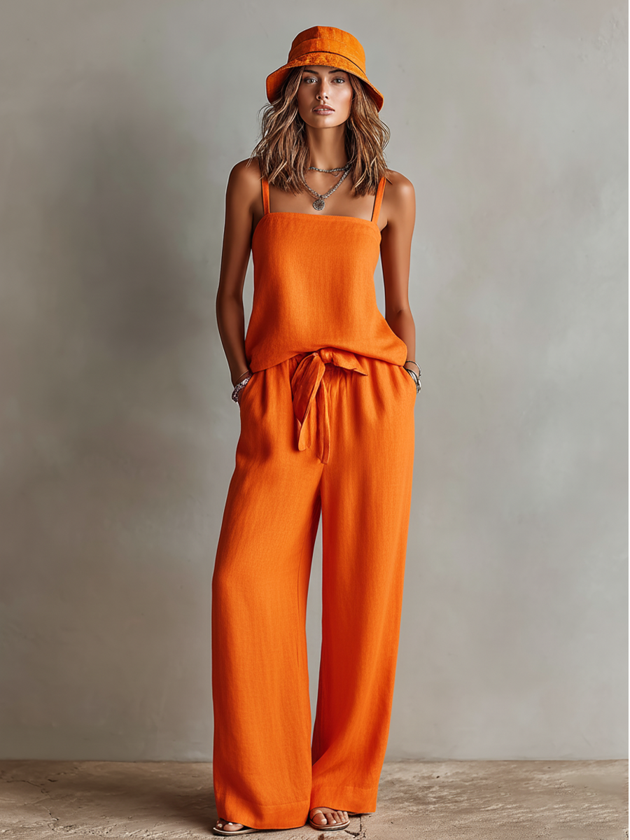 Ensemble Deux-Pièces en Lin Orange pour Femmes avec Top Cami à Col Carré & Pantalon Large à Taille Nœud, Style Boho-Resort Intemporel MDZ0825D5I