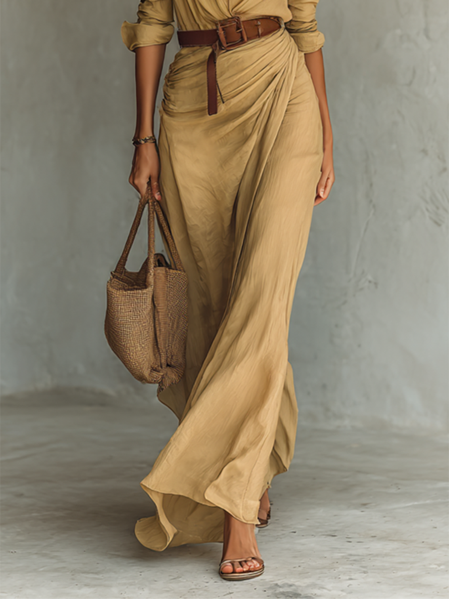 Robe maxi à col revers manches longues