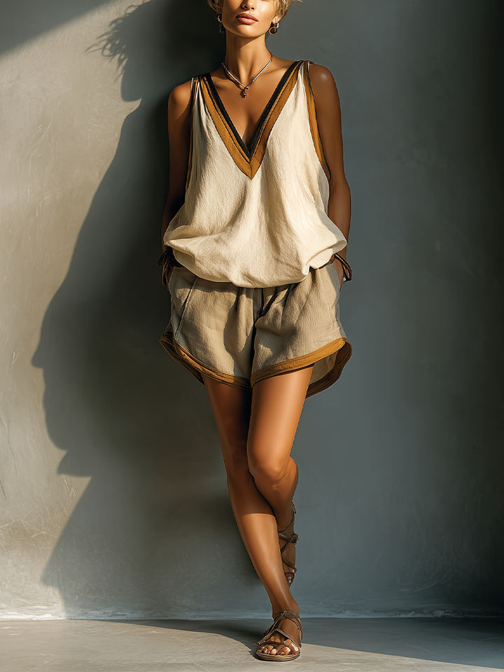 Femme Beige Mélange Lin Contrast Col V Débardeur & Short Kaki Deux-Pièces MDZ2086C2T