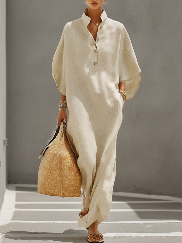 Robe en Lin Avoine pour Femmes avec Col Mandarin & Manches Dolman, Robe de Style Resort-Casual Intemporelle MDZ0552B1I