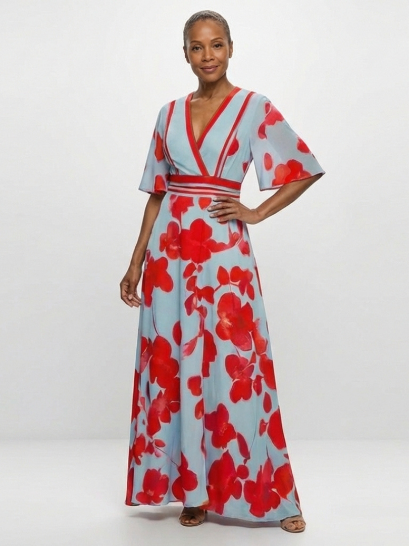 Corinne | Robe à fleurs à manches courtes avec décolleté en V