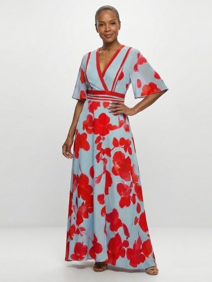 Corinne | Robe à fleurs à manches courtes avec décolleté en V
