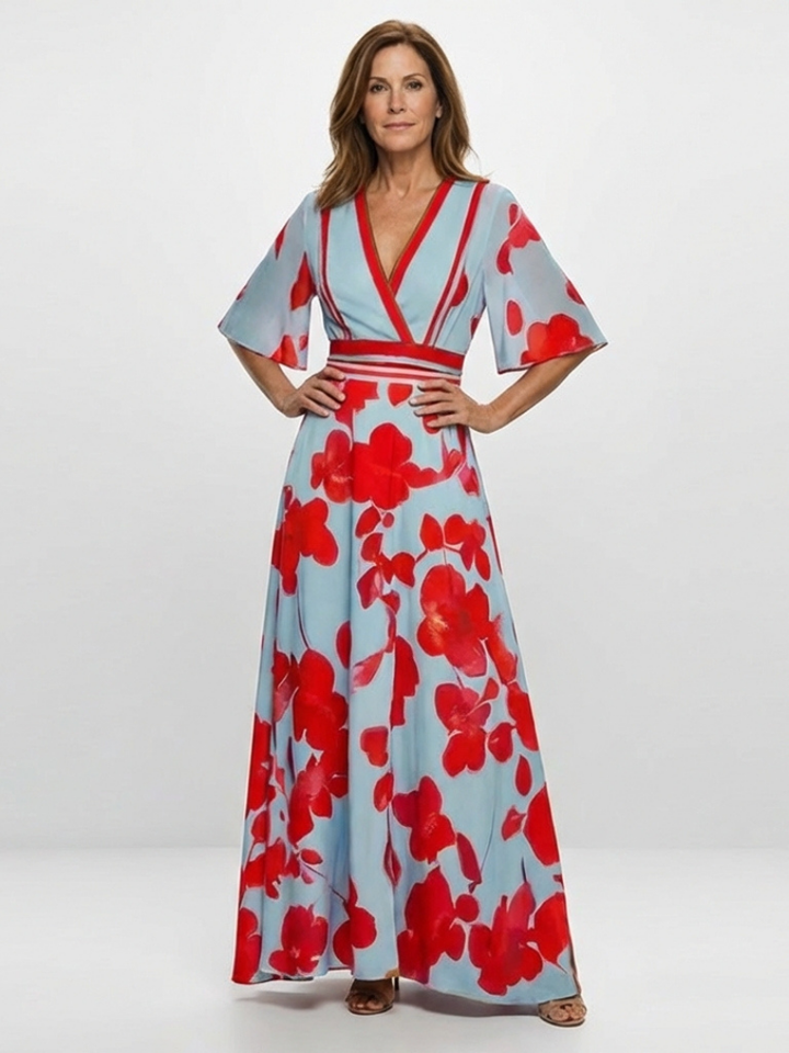 Corinne | Robe à fleurs à manches courtes avec décolleté en V