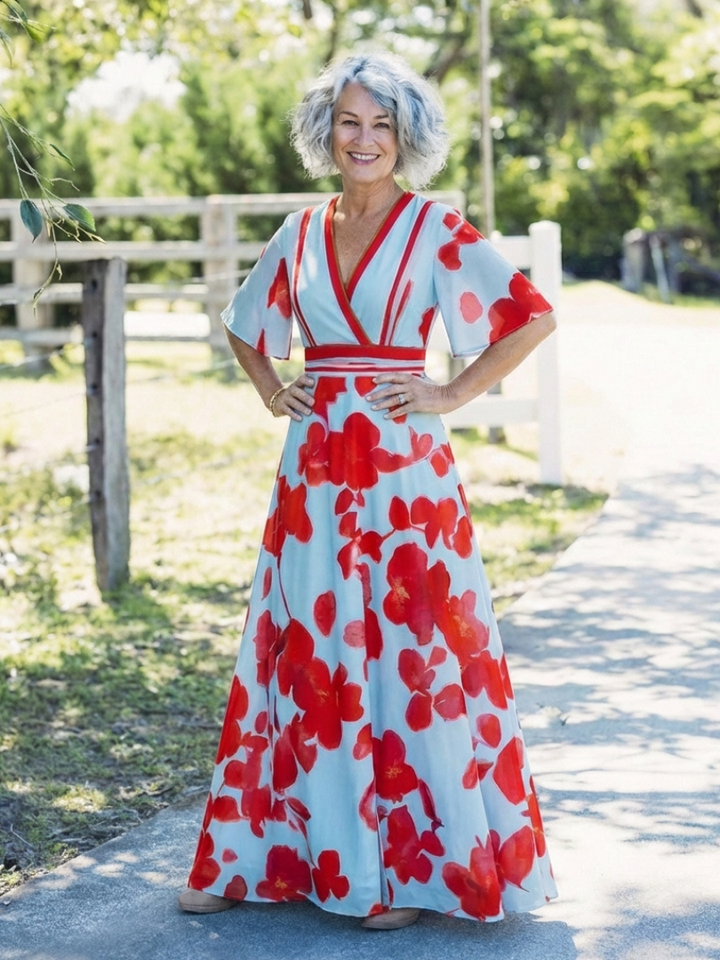 Corinne | Robe à fleurs à manches courtes avec décolleté en V